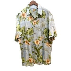 Caribbean Floral Silk Blend Button Down‎ Shirt Blue Green Orange Size La…
